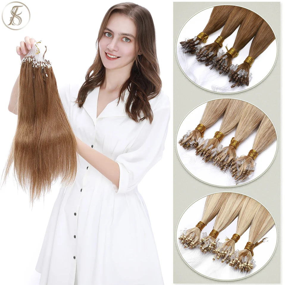 TESS Micro Loop Hair Extensions Human Hair Micro Link 1g/strand Micro Ring 14-24inch 50pcs Brown Straight Natural Hair Extension