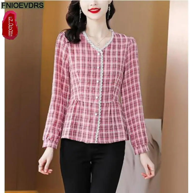 M-4XL 2023 Womem Long Sleeve Elegant Office Lady Work Button Plaid Shirt Casual Ruffles Belly Tunic Peplum Tops Blouses