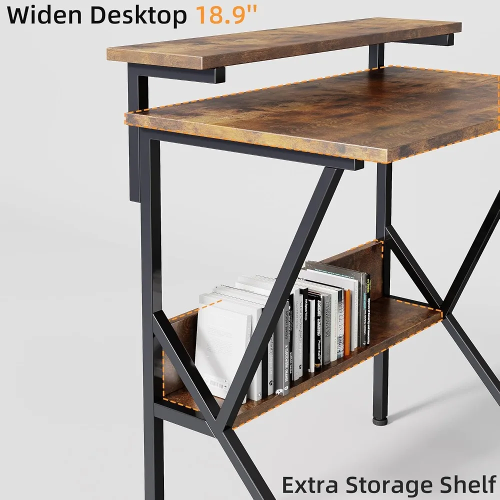 مكتب كمبيوتر مدمج مقاس 27.5 بوصة للمساحات الصغيرة مع حامل شاشة قابل للتعديل وكلمة مفاتيح طويلة الذيل