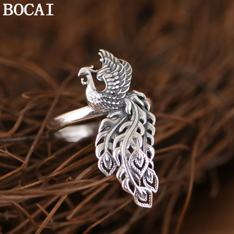 BOCAI NEW S925 Sterling Silver Jewelry Fashionable Retro Phoenix Engagement Ring Ladies' Selected Gift