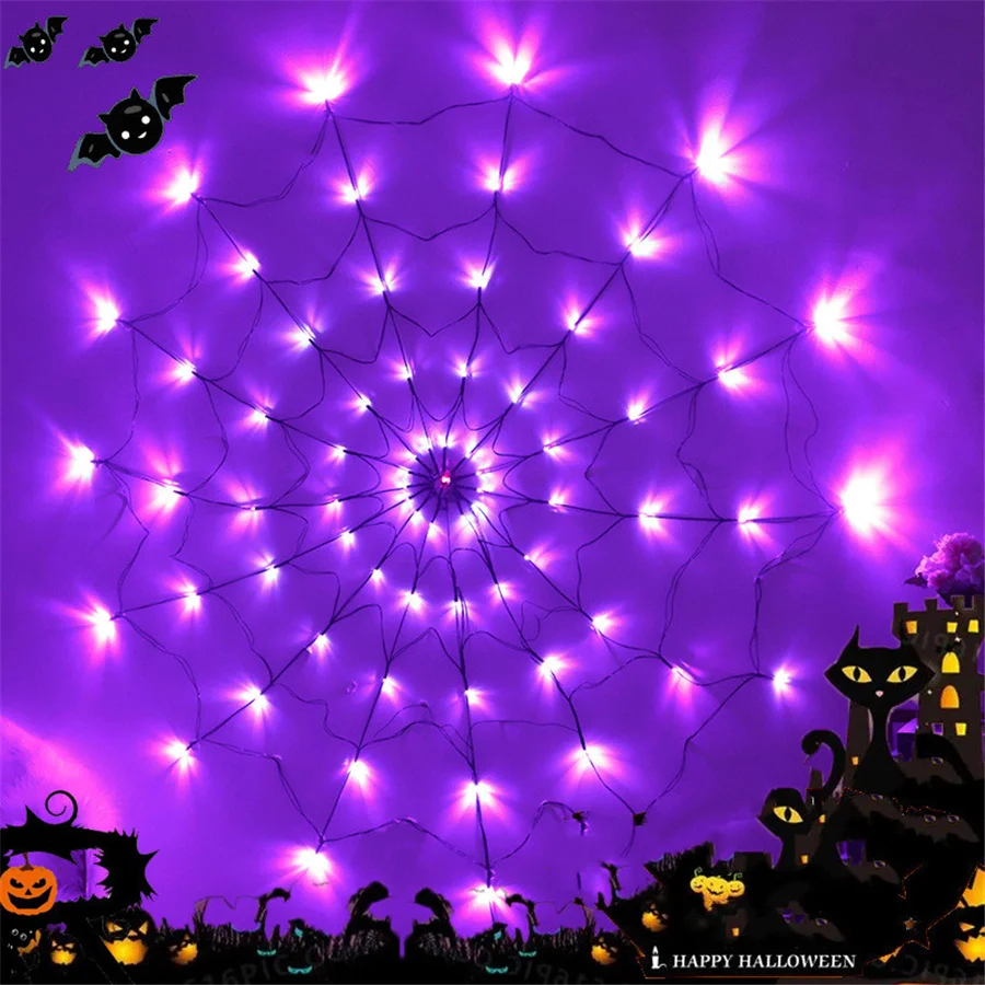 Creative Remote 8 Modes Horror Net Light Outdoor 70LED Halloween Spider Mesh String Light for Home Halloween Party Holiday Decor