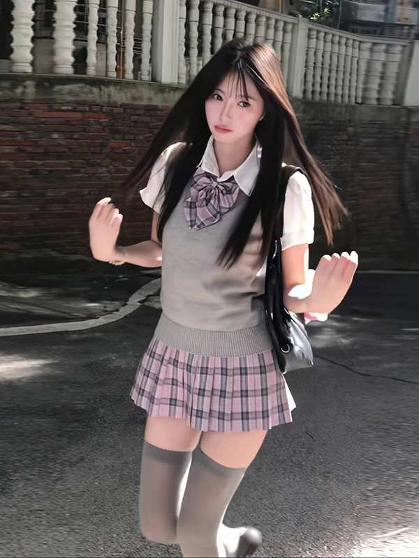 

Gray Summer School Style Vest Shirt Short Sleeve Plaid Knot Pink Skirt Japanese Uniform Two-Piece Set for Women