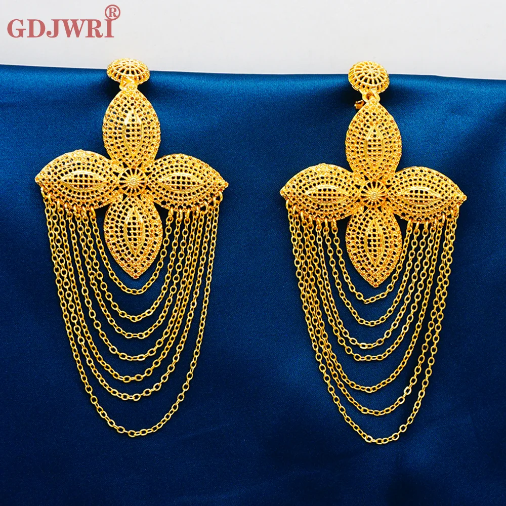 

Luxury Nigerian Bridal Copper Drop Tassels Earrings African Ethiopia Dubai Gold Color Long Earrings Party Pendant Jewelry Gift
