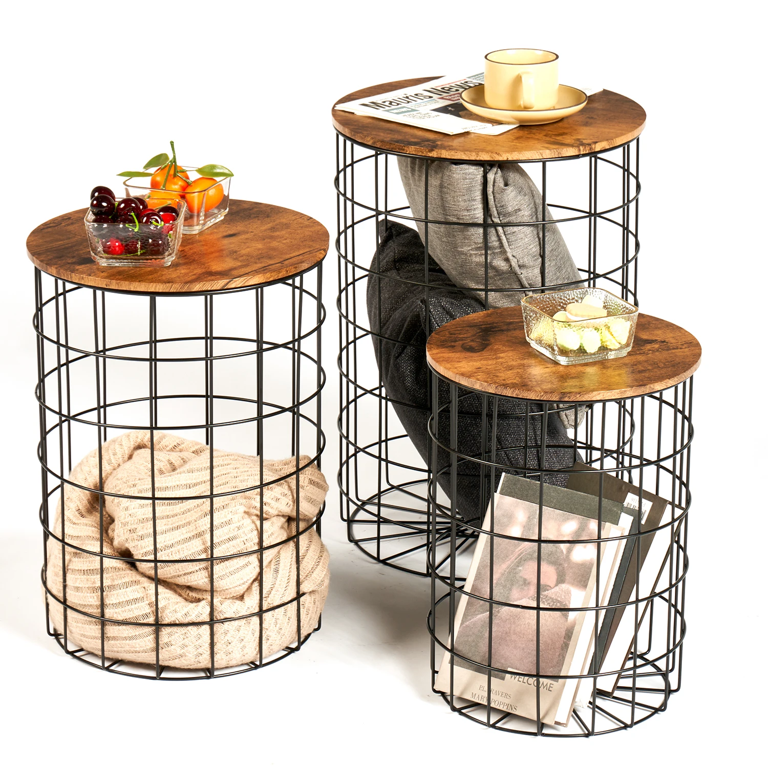 Nesting End Table with Storage, Side Tables Wire Basket Table with Lid 3 Set,Round End Table with Removeable Top and Steel Frame