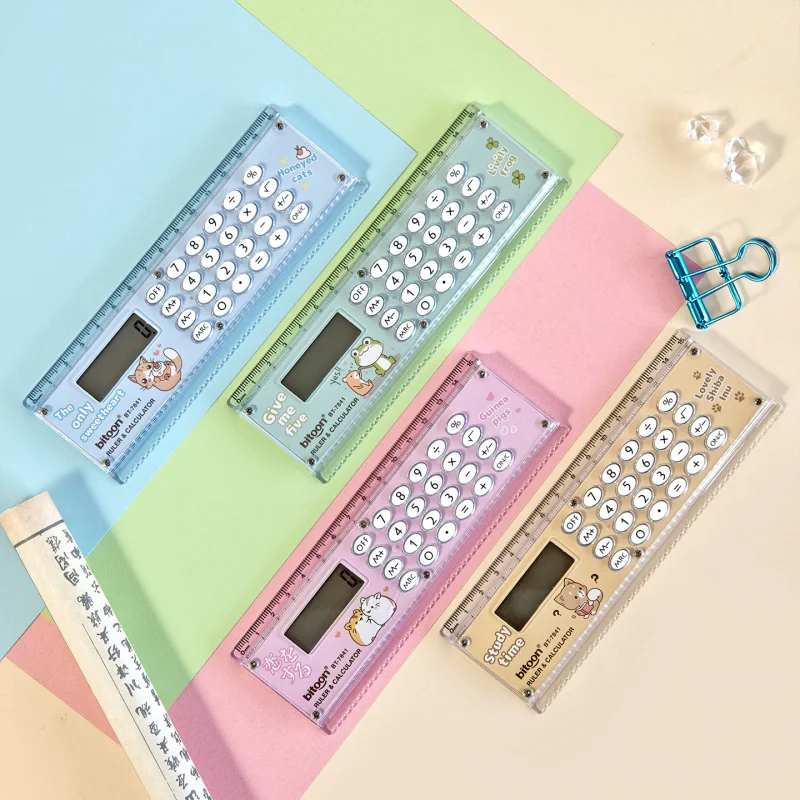 Calculadora de regla, regla de papelería de aprendizaje de dibujos animados, Mini calculadora electrónica, escala de medición para estudiantes, suministros escolares de oficina