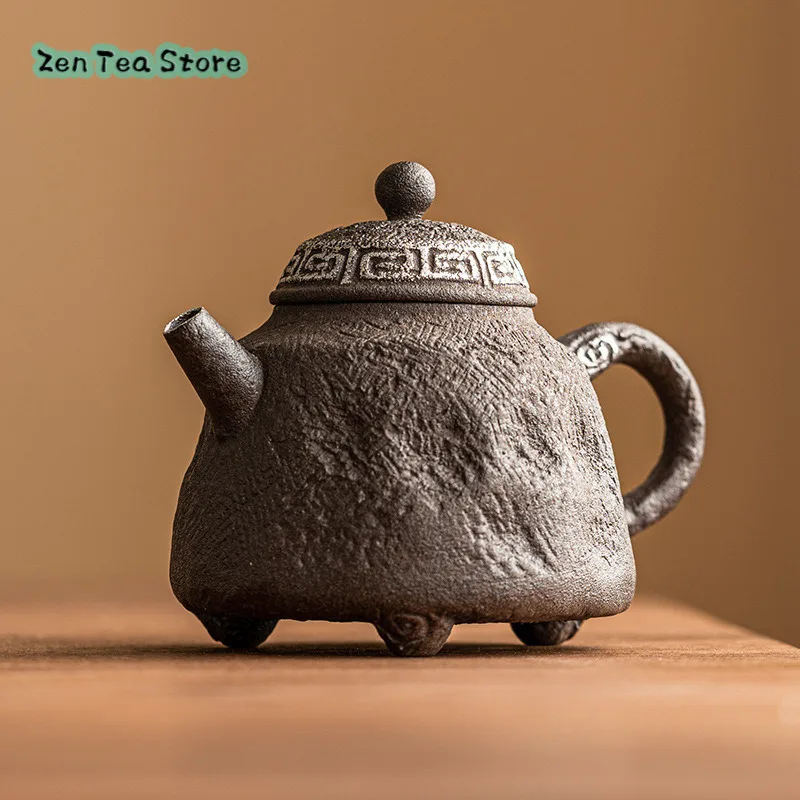 Old Pottery Clay Painted Silver Tripod Pot Chinese Retro Handmade Small Teapot Single Pot With Cover Tea Ceramic Pot Gift Box