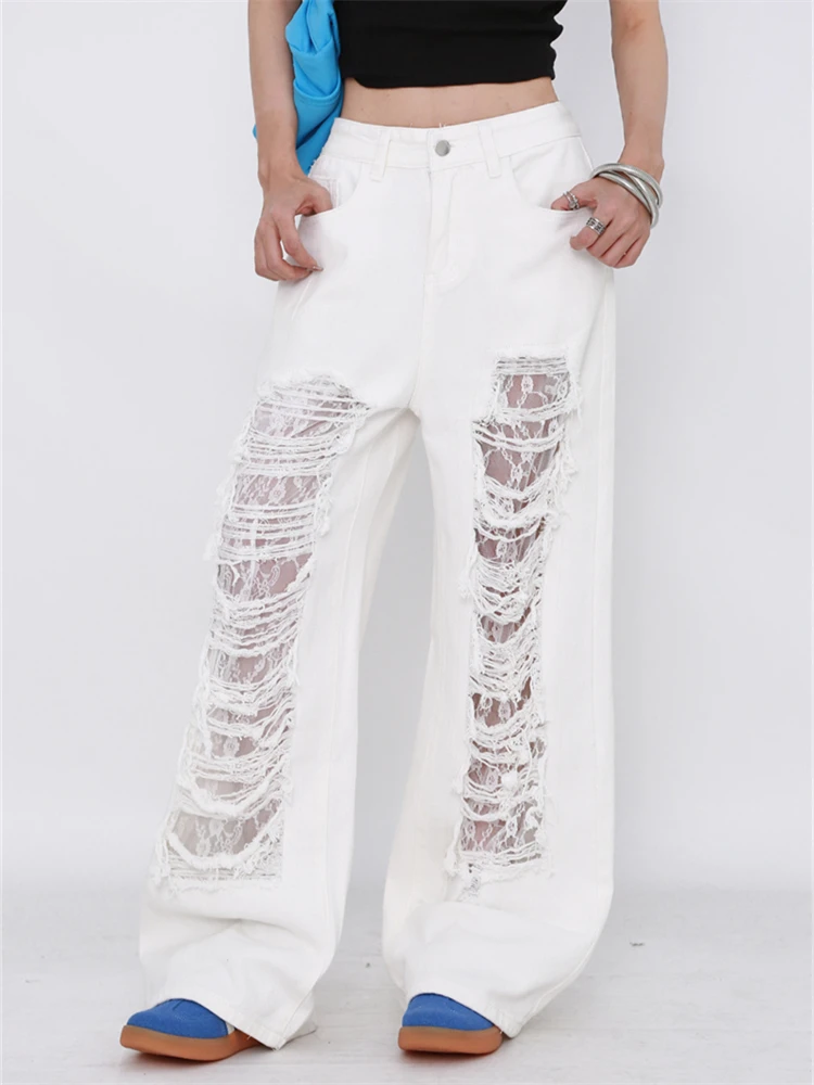 

Женские кружевные белые потертые джинсы со сломанными дырками, персонализированные брюки, повседневные брюки для девочек, женские летние уличные брюки
