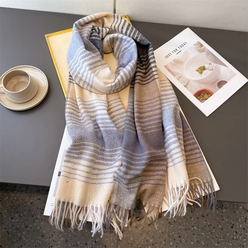 

Color Blocked Plaid Long Scarf with Tassel Thick Soft Warm Cashmere Shawl Versatile Neck Scarf for Autumn Winter