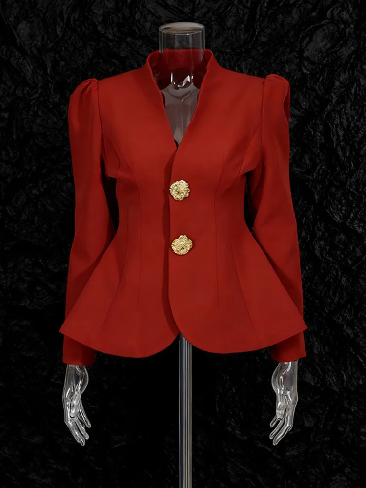 طقم بدلة بليزر بيبلوم برقبة على شكل V للسيدات من ZMEENNA جاكيت مقصوص بأزرار ذهبية وخصر عالي وواسع الساق وسراويل طويلة ZM4586