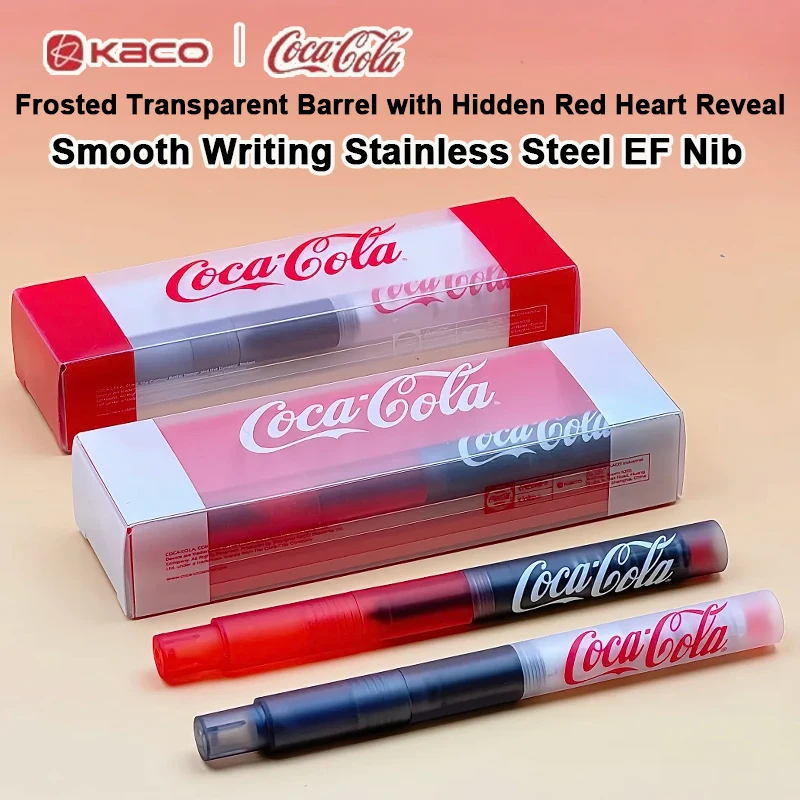 Caneta Tinteiro KACO CocaCola com 2 Cartuchos de Tinta, Ponta EF, Tampa Giratória em Formato de Coração, Escrita Suave, Presente Fofo para Estudantes e Escritório, Material de Papelaria