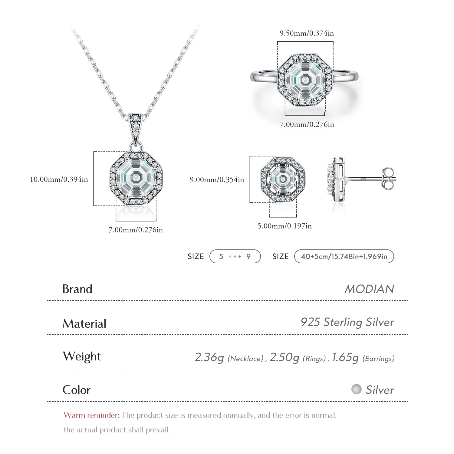 MODIAN 925 Sterling Silver Octagon Zirconia Party Jewelry Set Vintage Classic Rings & Stud Earrings & Pendant Necklace For Women