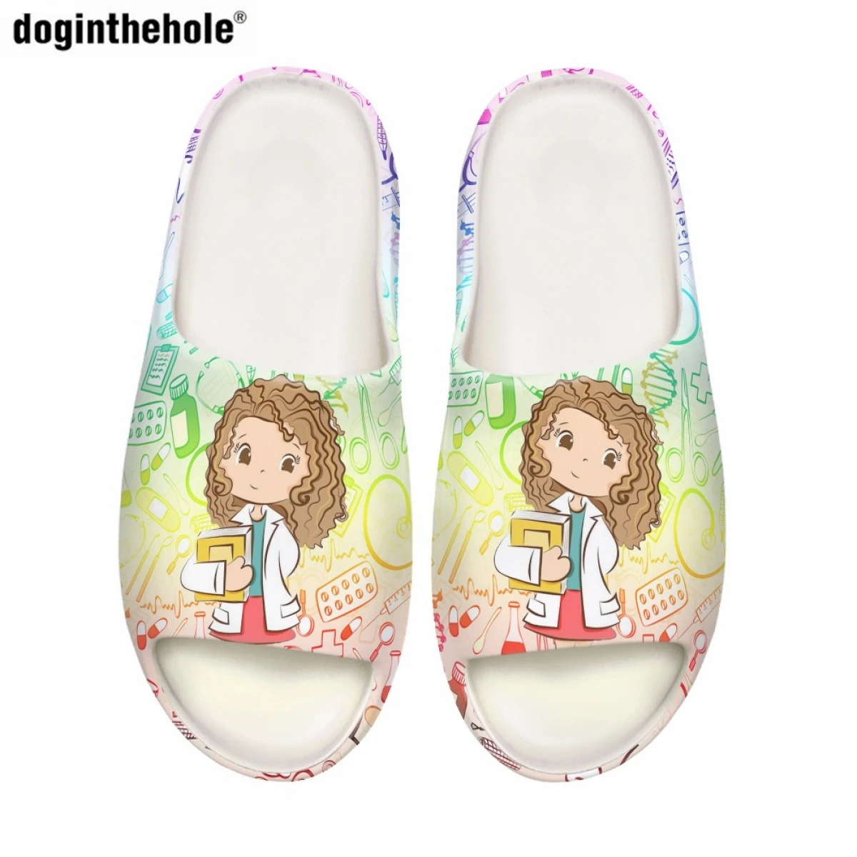 Doginthehole Women's Summer Slippers New Cartoon Nurse Pattern Print Coconut Slippers Outdoor Beach Sandals Flat Nursing Slipper