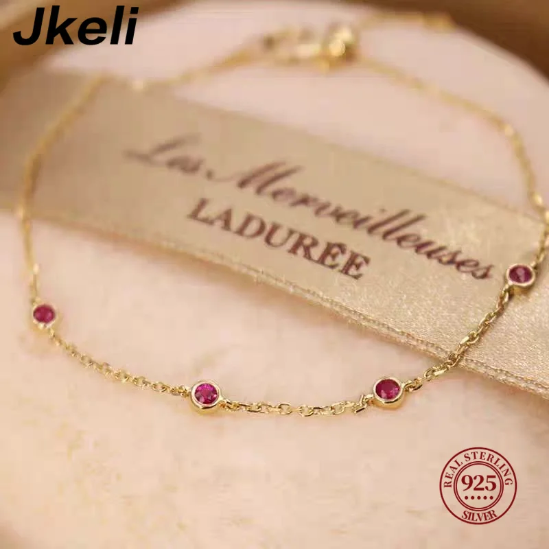 Imagen 3: Jkeli-Mini pulsera de plata de ley 925 para mujer, brazalete de cadena exquisita de lujo, cuatro redondos, rubí, circón, nicho de moda