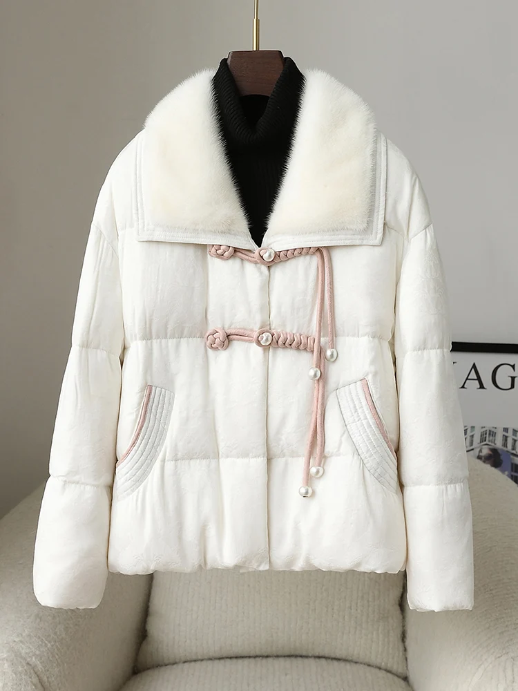 

Chinese style down jacket women's short 2023 winter new high-end mink fur grass white goose down jacket warm jacket