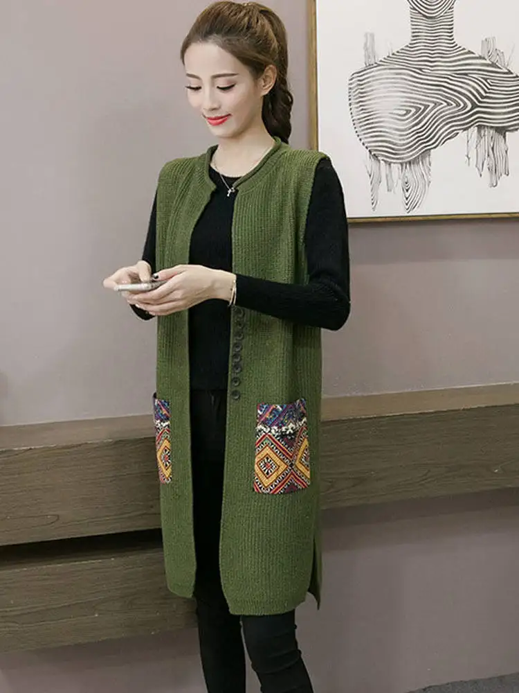 

Loose Women's Knitted Vest 2025 New Coarse Yarn Svel Open Cardigan Mid-Length Spring Autumn Outerwear Sweater Jaet