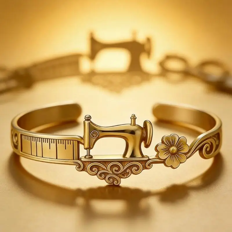 195C Sewing Machine Cuff Bracelet Adjustable Open Alloy Bangle with Tape Measure Scroll Detail Gift Jewelry for Sewing Lovers