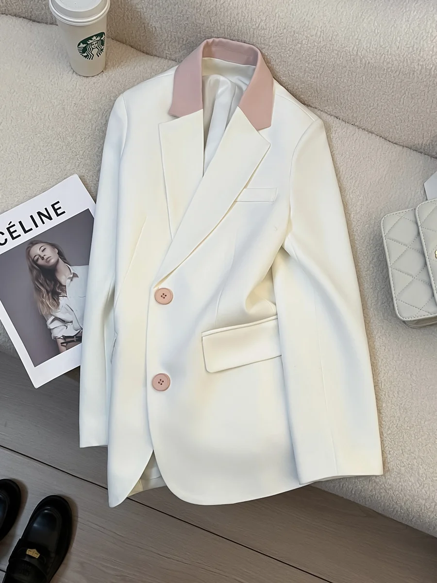 Popularne koreańskie ubrania w stylu old money, czarna marynarka damska, płaszcz damski, uniwersalny biały krótki rękaw, europejsko-amerykański, prosty.