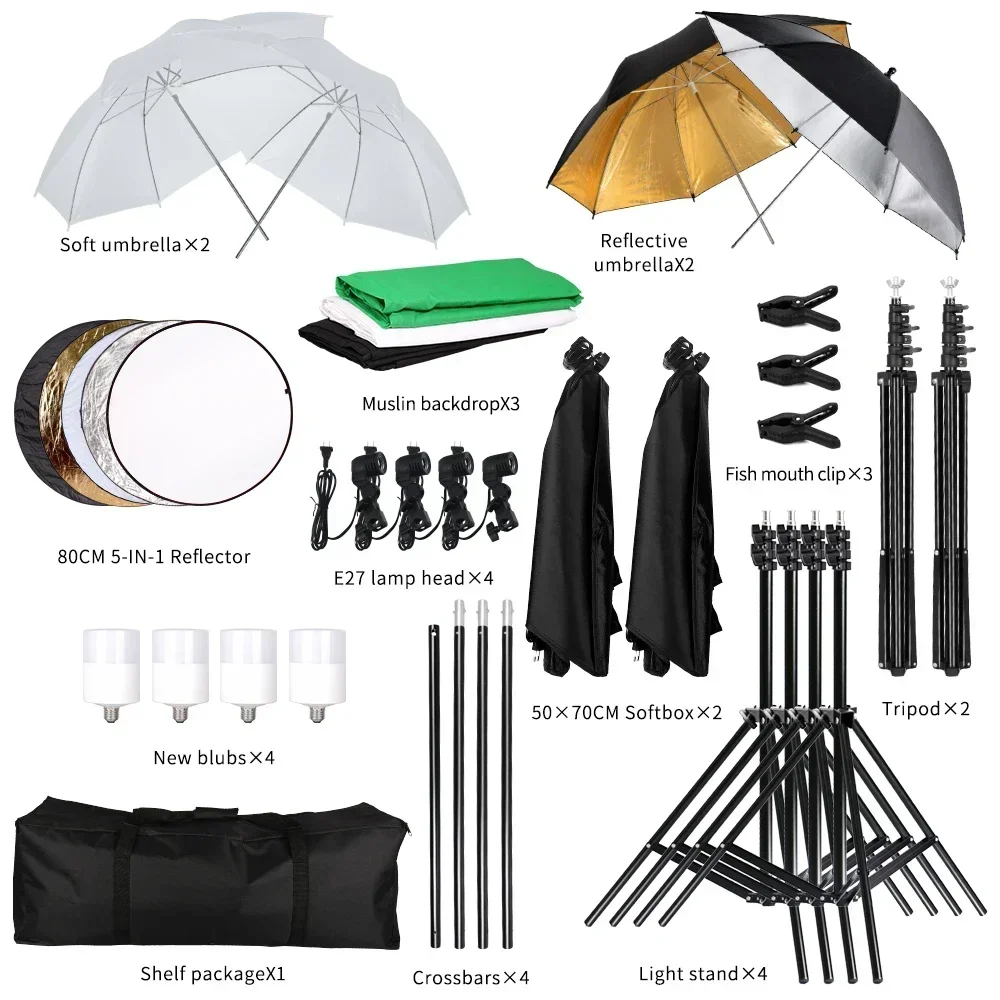 Image of Fotostudio Softbox 4 Stile Fotostudio-Kit Beleuchtungsset mit Hintergrundrahmen 3 Stück Hintergründe Stativ Reflektorplatte 4 Schirme