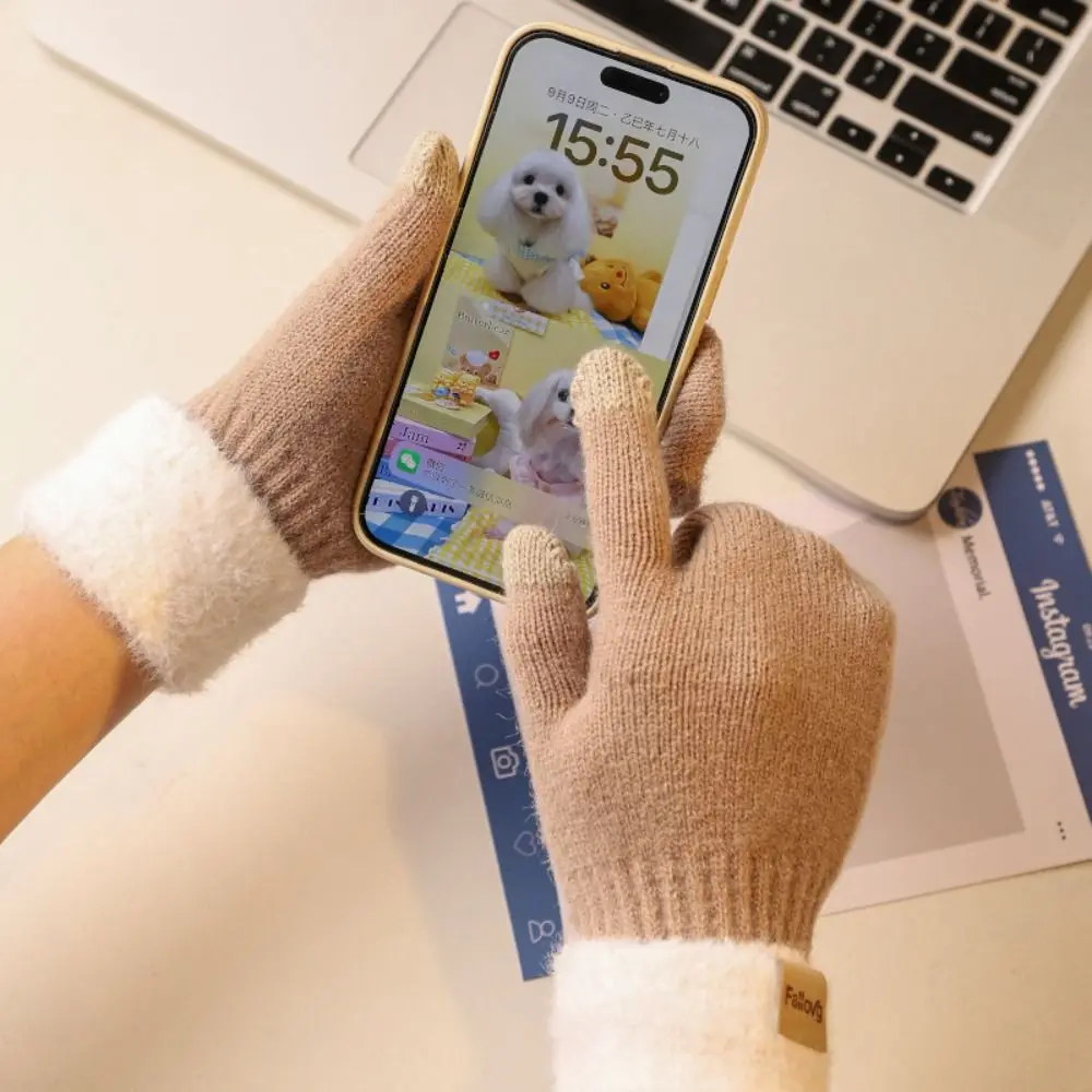 قفازات فروي سميكة لطيفة بلون سادة قفازات أصابع مقاومة للبرد قابلة للتنفس مقاومة للرياح قفازات شتوية للرجال والنساء #5