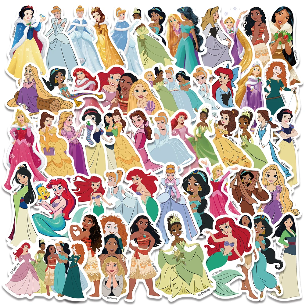 Disney Princess Adesivos para meninas, decalques impermeáveis, adesivos de vinil, desenhos animados bonitos, anime, laptop, garrafa de água, bagagem, telefone, 50pcs