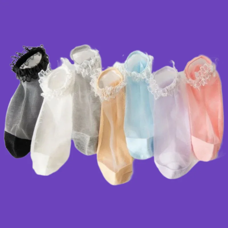 5/10 Pairs Lace Thin Socks Casual Card Silk Short Socks Glass Silk Short Socks Children's Lace Crystal Summer High Quality Socks