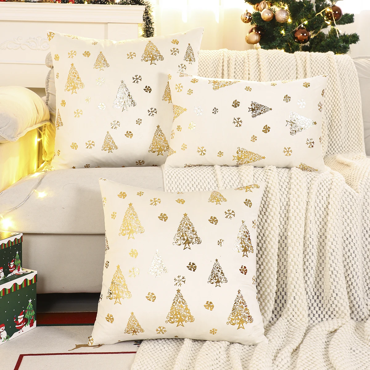 1 PC Christmas Tree Throw Pillow Cover Winter Velvet Bronzing Christmas Decoration Living Room
