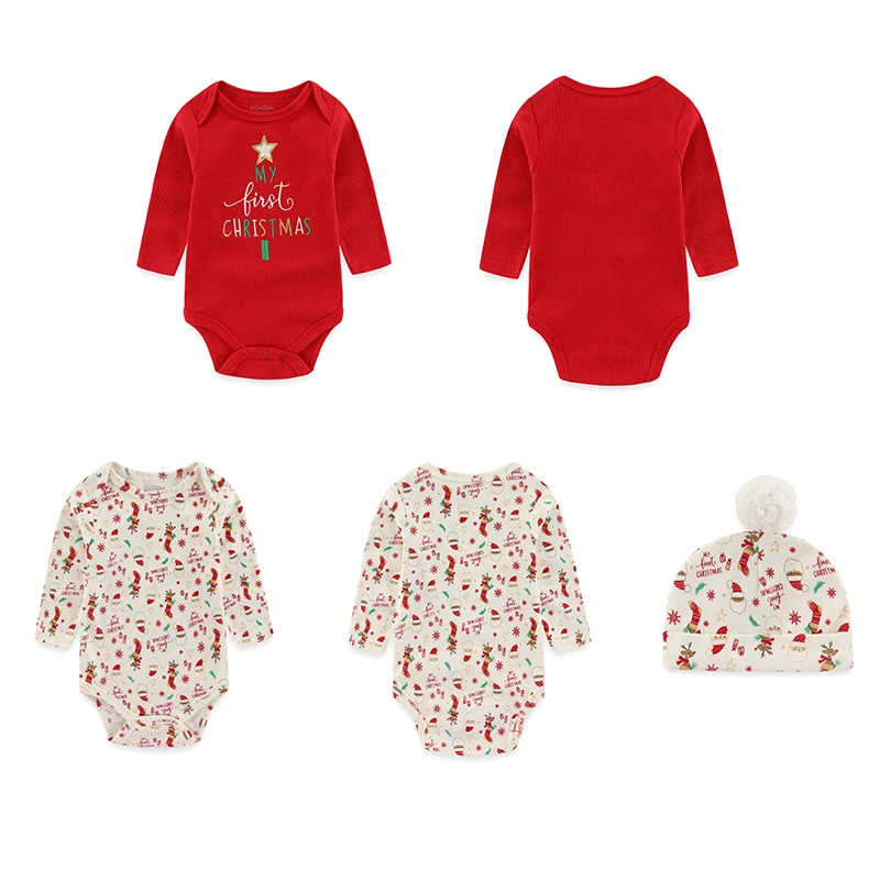 Baby Boy Girl Christmas Outfits Cartoon Print Newborn Clothes Set 3-Pieces Long-Sleeved Bodysuits with Hat Suit Infant Clothing