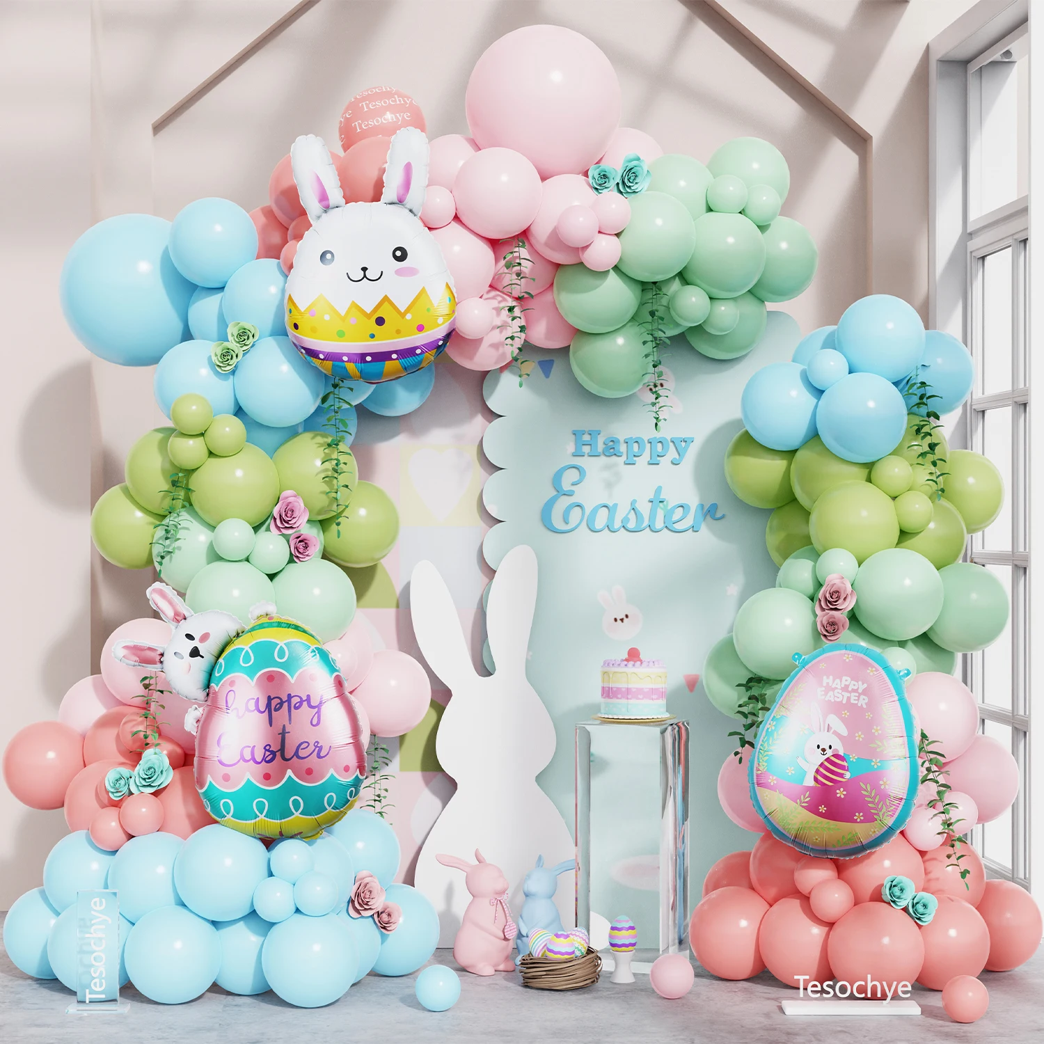 

148Pcs Easter Balloon Arch Kit Pastel Pink Light Blue Green Balloons with Bunny Egg Balloons for Spring Easter Partyr Decor