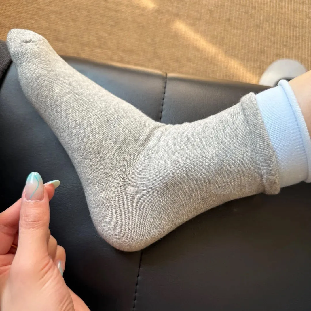 4 пары серо-синих двойных ребристых носков с манжетами для женщин, однотонные носки до середины икры с милой этикеткой медведя