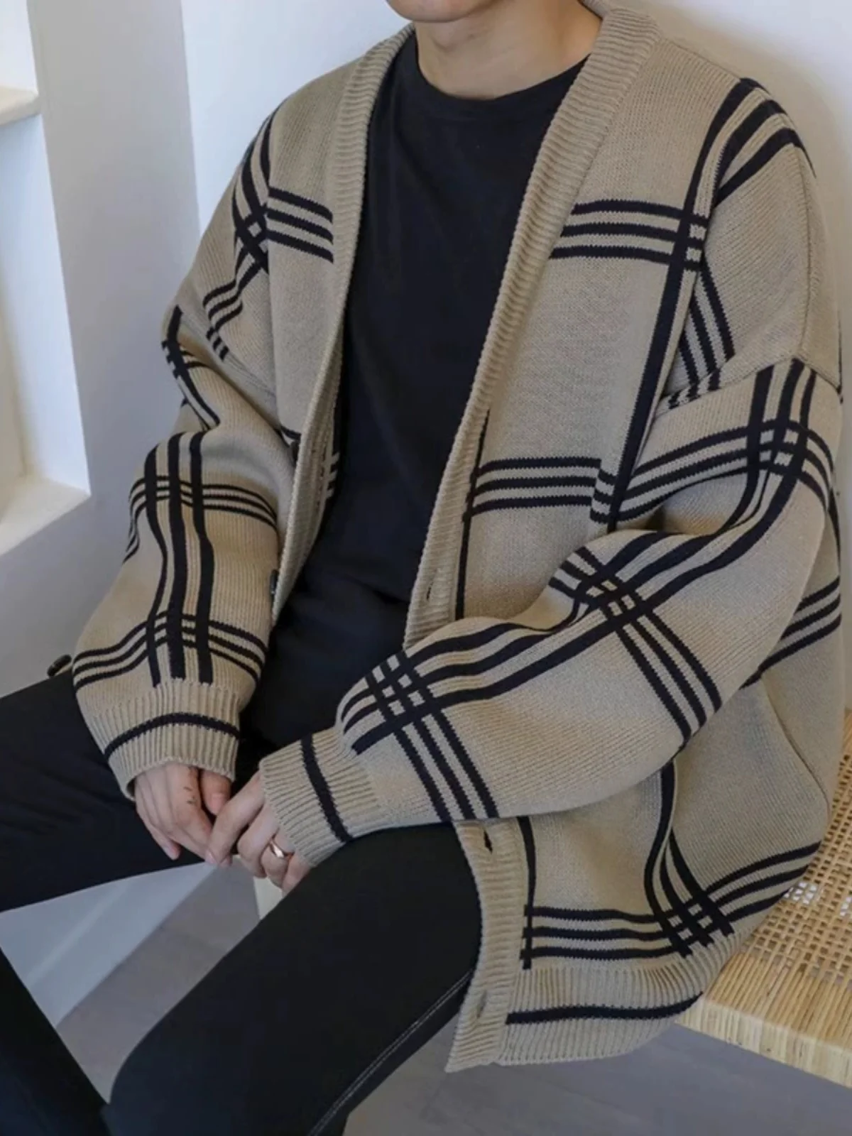 

Trendy Men's Open Cardigan Knitted Sweater Loose All-Match Plaid Sle Spring Autumn New Arrival V-Ne Long Sve Knitwear