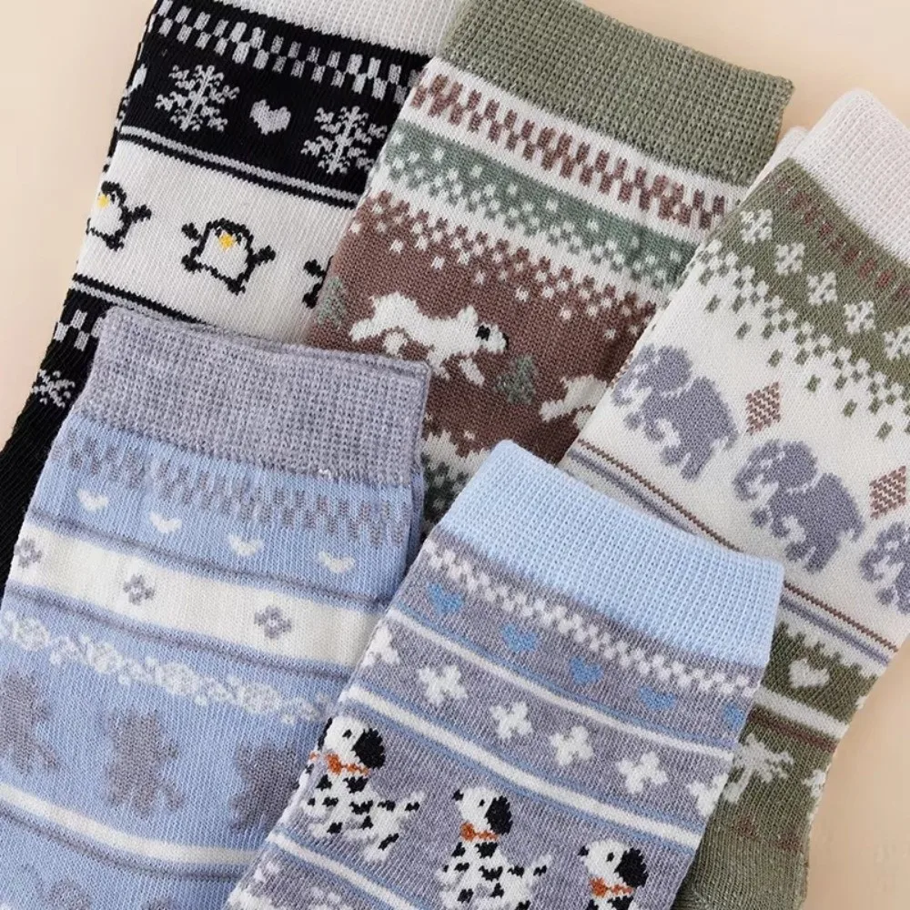 5 Pairs New Breathable Mid Tube Socks Sweat Absorbing Retro Knit Women Stockings Cartoon Animal Socks Women