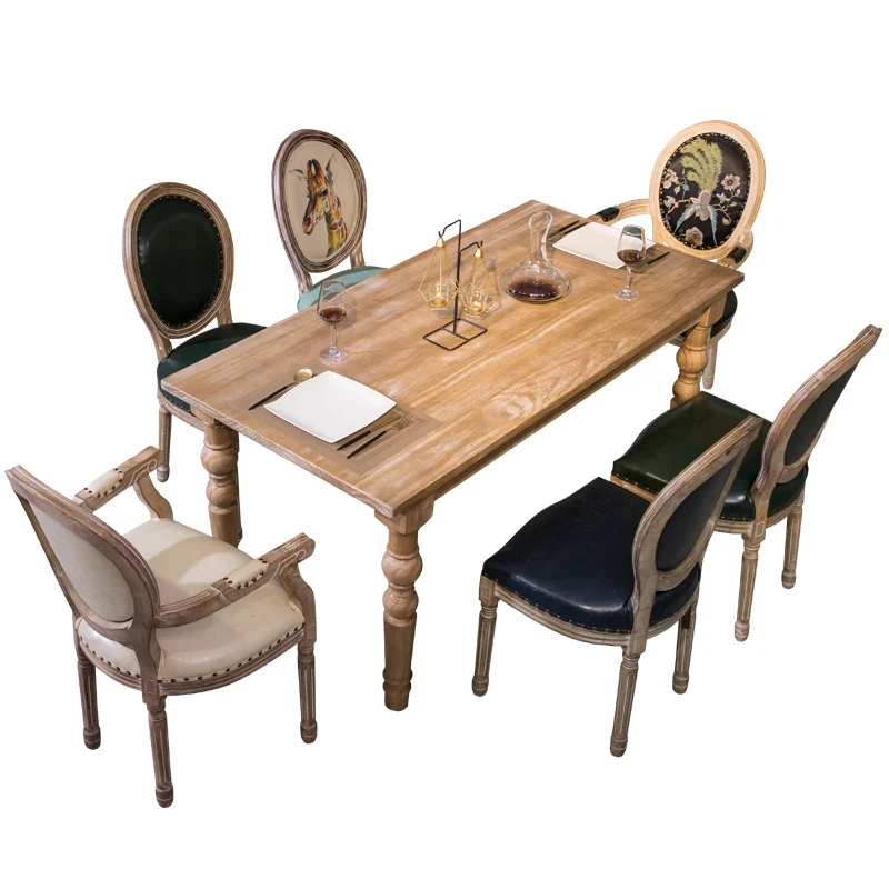 

American country dining table combination solid wood table retro old brushed pine table restaurant simple