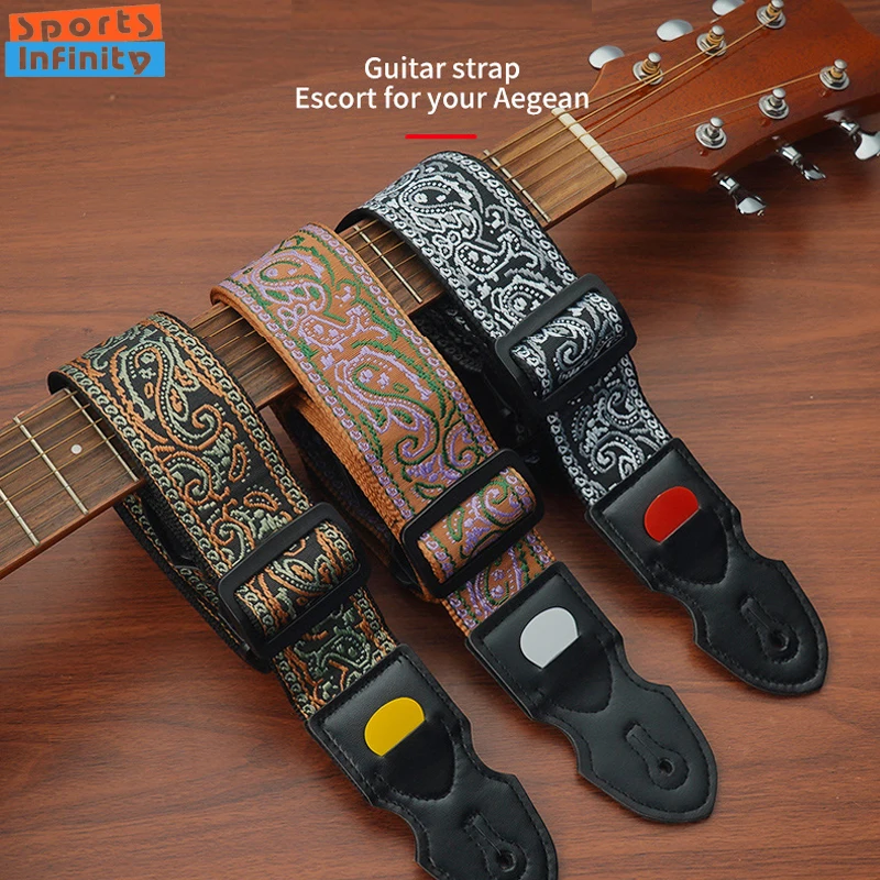 Embroidered Acoustic Guitar Straps with Pick Clips Wooden Electric Guitar Bass Strap Printed UK Straps Belt Guitar Accessories