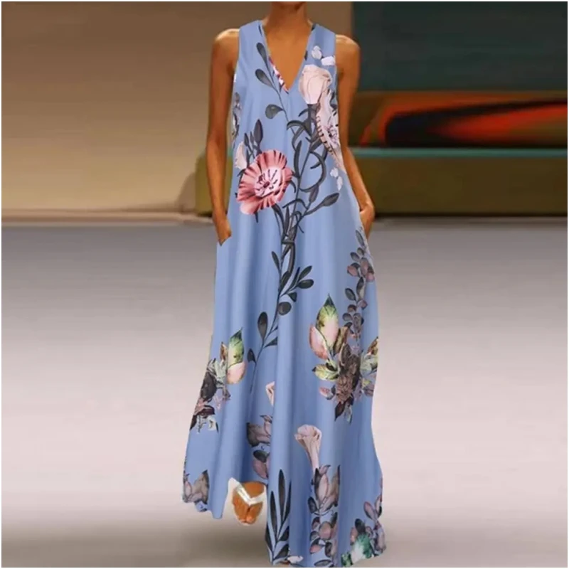 Summer new printed dress for women's casual sleeveless V-neck loose retro style sexy commuting comfortable casual style women