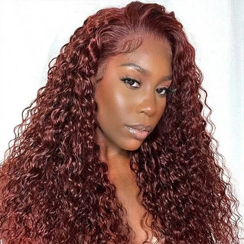 

250 Density Colored Human Hair Wigs 13X4 Reddish Brown Curly Lace Front Pre Plucked Hairline Brazilian Deep Wave Frontal Wig