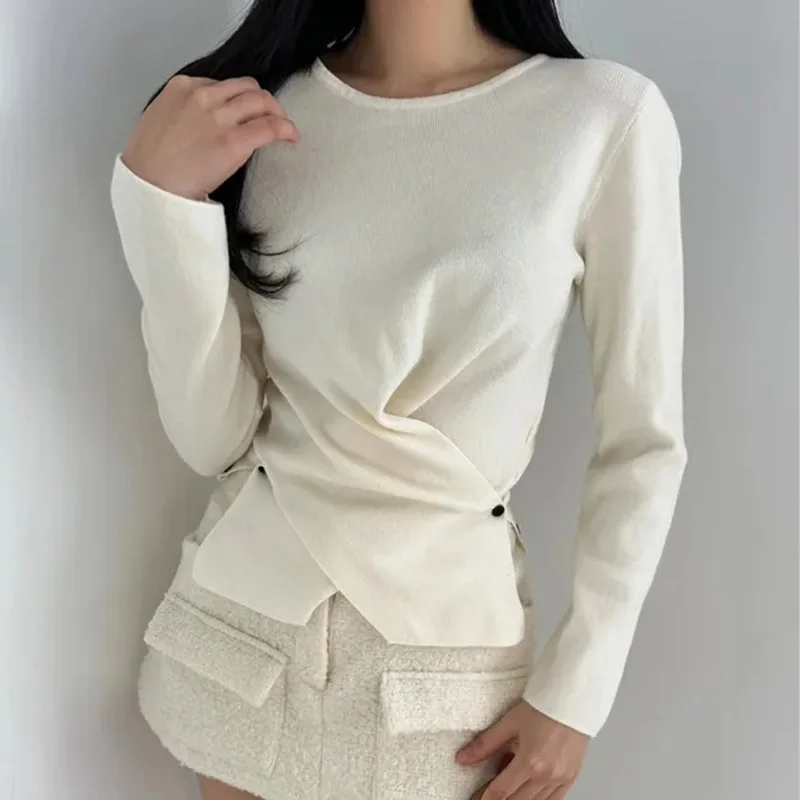 

Spring Early Waist-Cinching Slim Fit Long Sve Knitwear Women's Design Trendy Irregular Button up Top Korean Sle