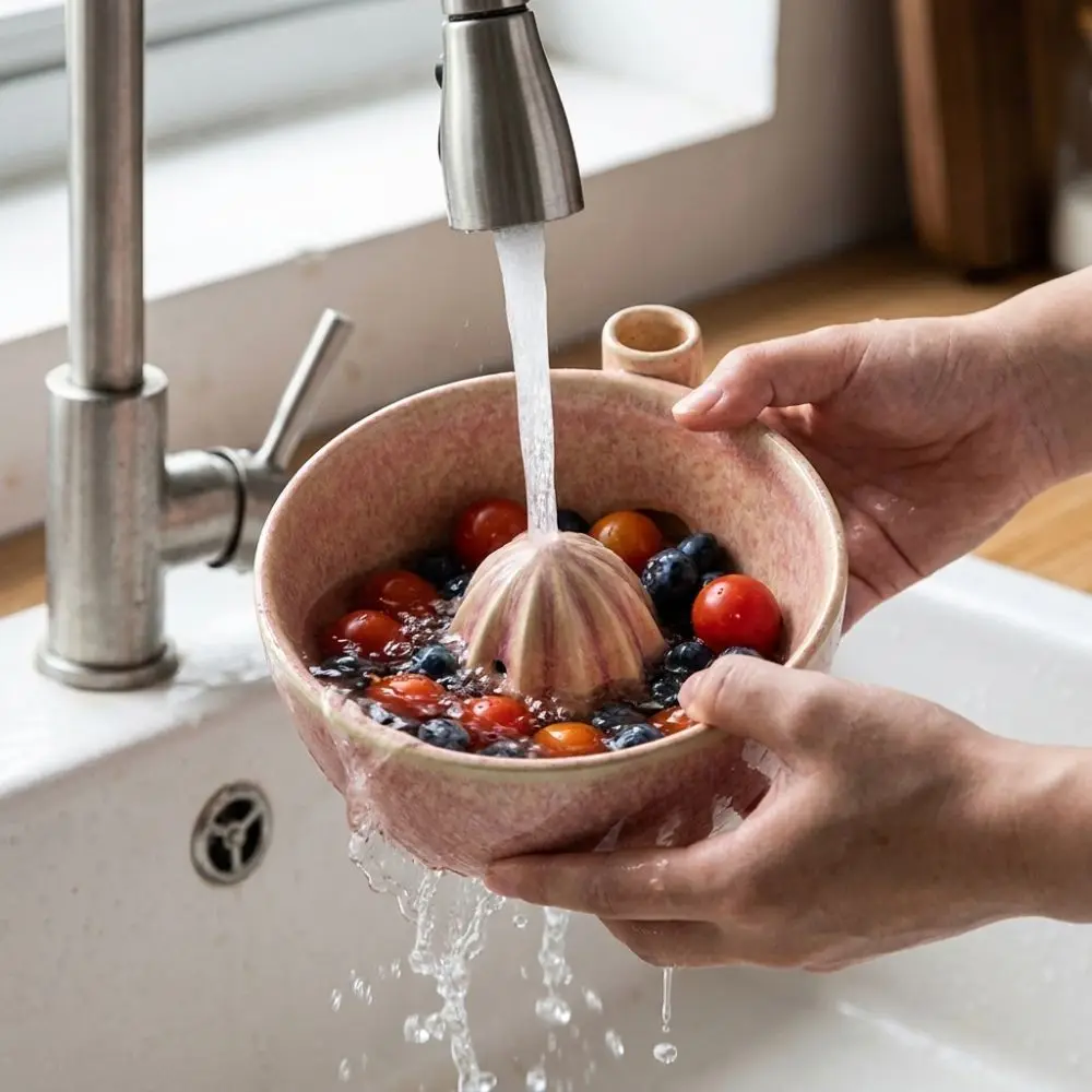 Ceramic Automatic Fruit Washing Bowl Built-In Drain Slots 360 Degree Rotating Dynamic Vortex Cleaning Bowl Drain Spout