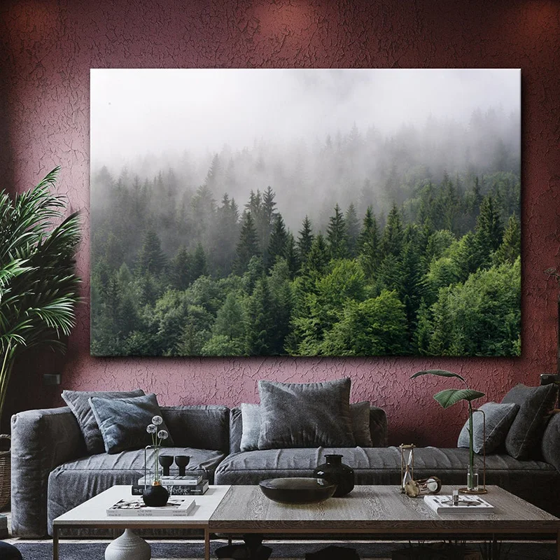 

Nature Misty Forest Poster Wall Art Pictures Canvas Morning Fog Over Cloud Green Mountains Tree Living Room Home Decor Painting