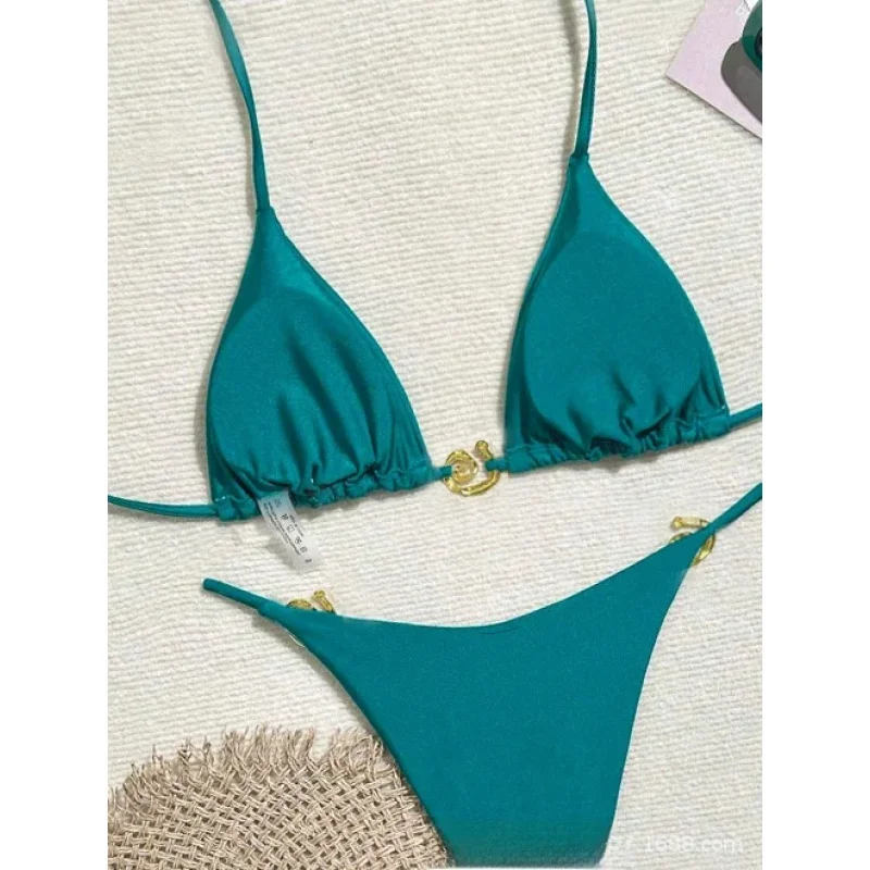 

Women Solid Bikini Swimsuit European American Metallic Ring Glitter High End Sexy Two Piece Bathing Suit For Beach Pool Vacation