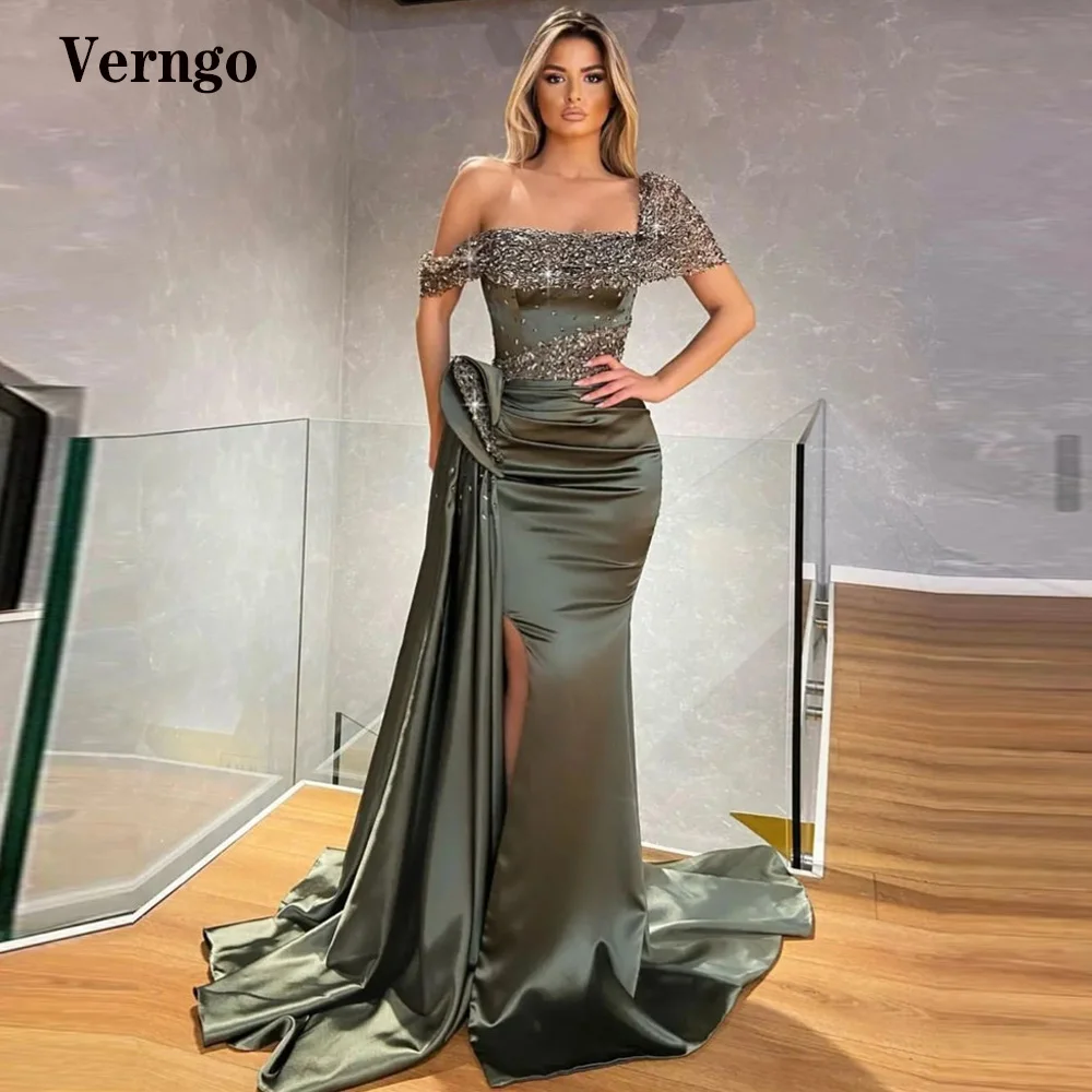 

Verngo Unique Design Army Green Satin Mermaid Evening Dresse Attachable Overskirt Off Shoulder Beads Pleats Slit Prom Gowns