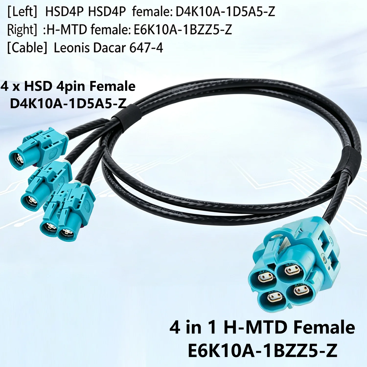 H-MTD Female to 4 x HSD 4p Female Y Splitter Cable E6K10A-1BZZ5-Z to D4K10A-1D5A5-Z Automotive High-Speed Data Cable for Car Eth