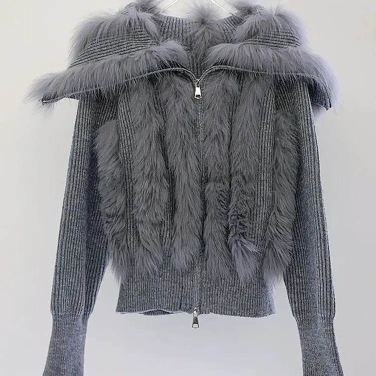 Winter Imitation Rabbit Fur Knitted Cardigan Faux Fox Fur Striped Sweater Coat Big Fur Sailor Collar Knitwear Jacket Zipper Tops