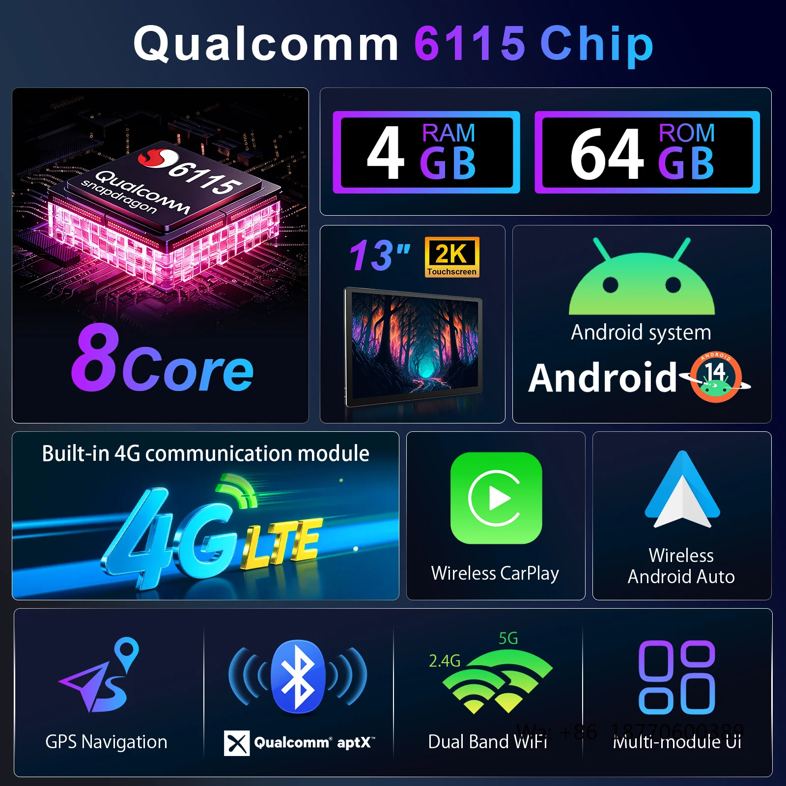 

New Arrival 64GB 13 Inch Octa-core Android 14 Touch Screen QLED Auto CarPlay Mirror Link Car Stereo Radio DVD Player