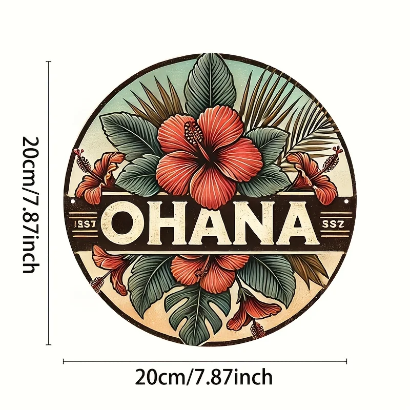 2D Flat, Vintage "Ohana" Aluminum Sign - 20.32x20.32 cm Round Tropical Floral & Bird Design, Hawaiian-Themed Wall Art for Home &