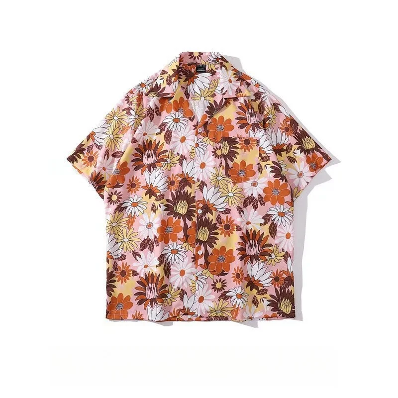 Summer Men's Flip Collar Short Sleeve Hawaiian Vitage Floral Shirt Fashion Handsome Loose Beach Holiday Printed Shirt Jacket
