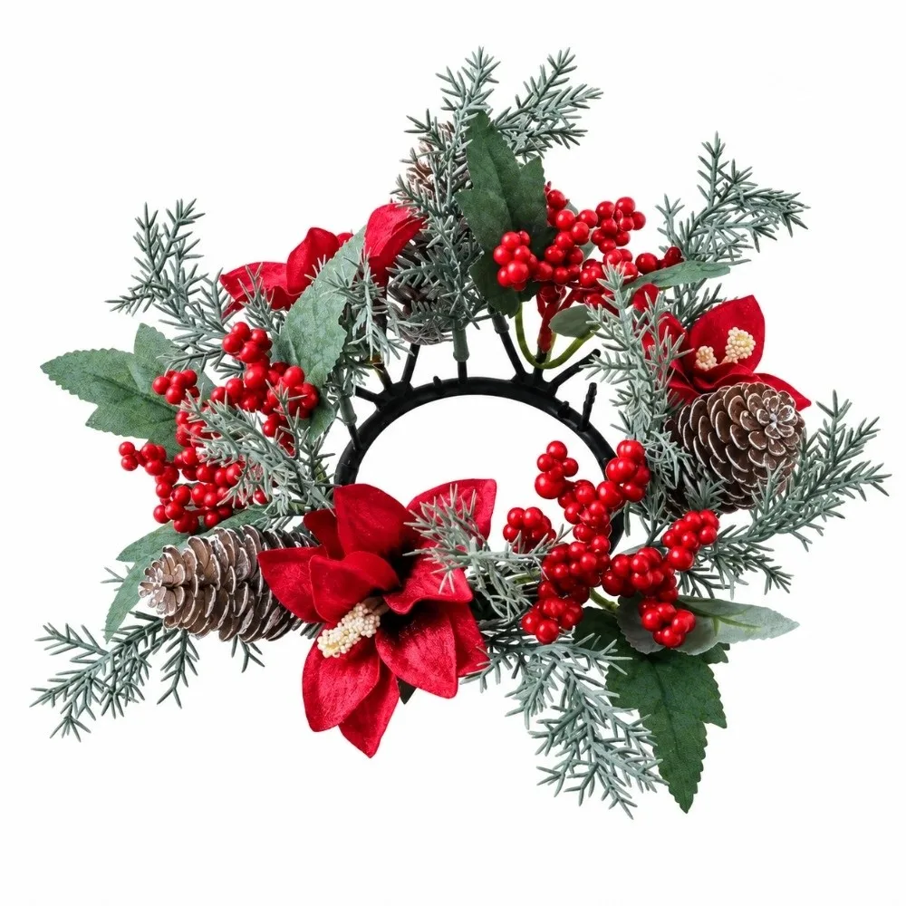 Artificial Pine Needle Christmas Candle Ring Plastic Durable Pillar Candle Garland Versatile Red Berry Table Centerpiece