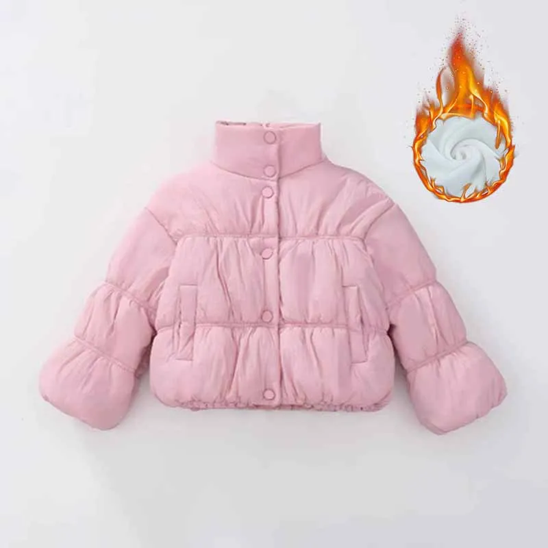 

2026 Winter Girls Padded Jacket Children Down Coat Autumn Standing Collar Keep Warm Outwears Kids Lantern Sleeves Cotton Clothes