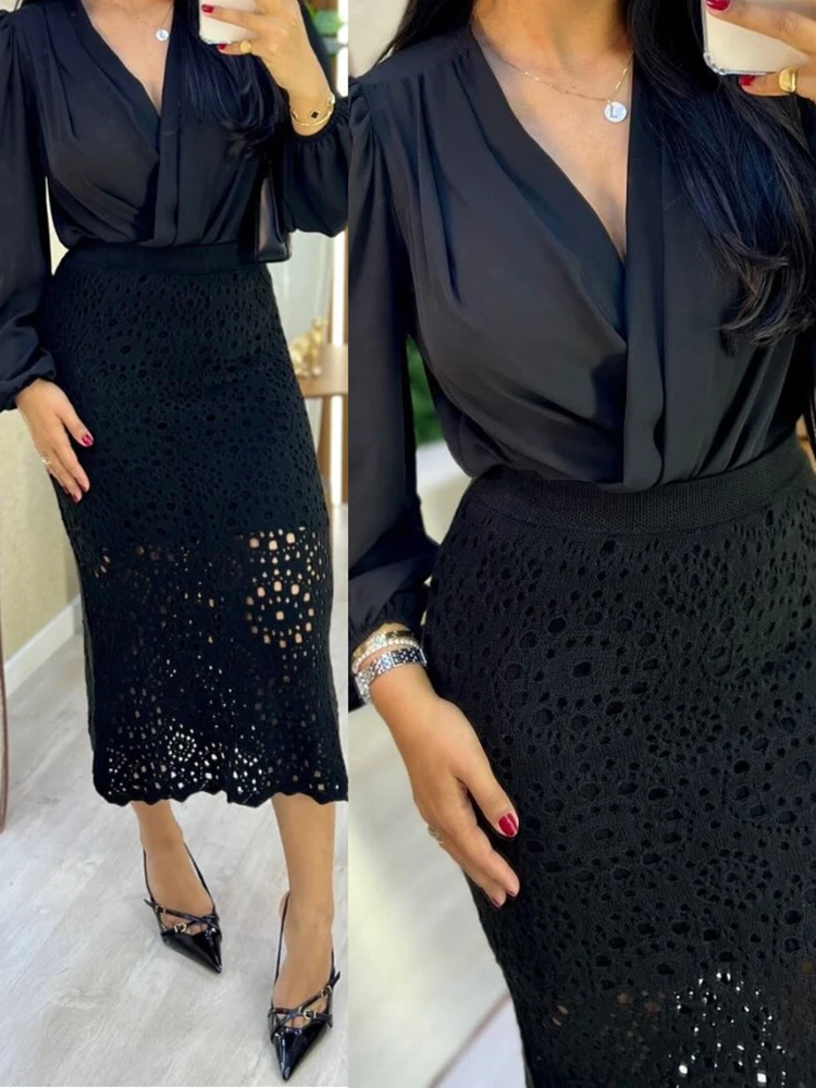 여름 신상 출퇴근용 롱 스커트, 우아한 레이스 속이 비치는 힙 라인 스커트, 고급스러운 단색 슬림 힙 라인 스커트