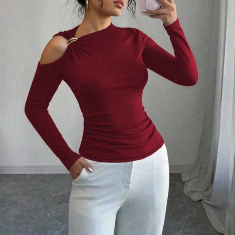 Casual Unregelmäßigen Hals Einfarbig Top Elegante Off schulter Slim Fit Langarm Bluse Frauen Mode Aushöhlen Streetwear Shirt