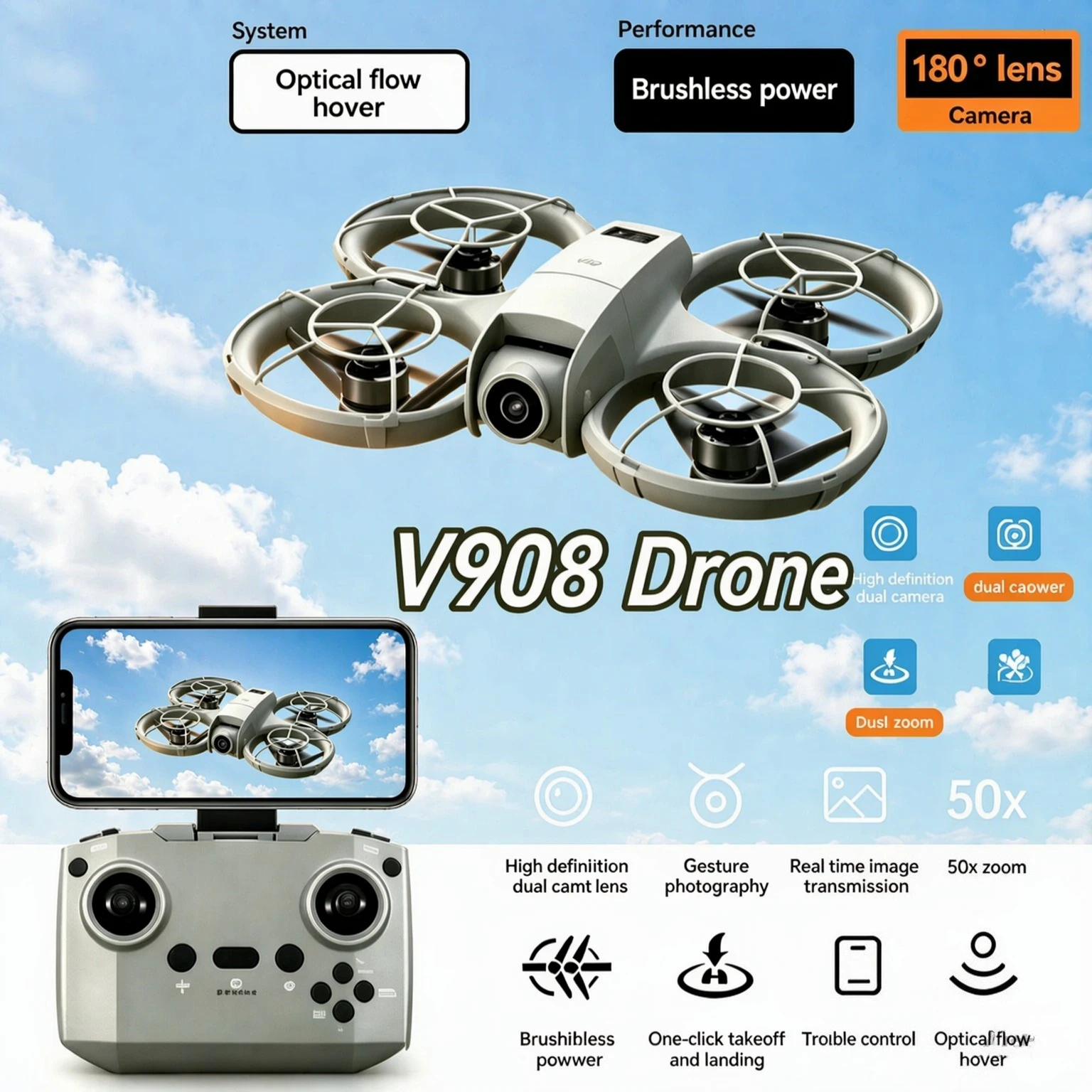 Original V908 GPS Foldable Drone 8K HD Camera 5G WiFi FPV Screen Remote Control Optical Flow Positioning RC Aerial Quadcopter
